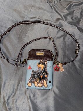 Chala Light Blue and Brown Dog Applique Crossbody Phone Bag